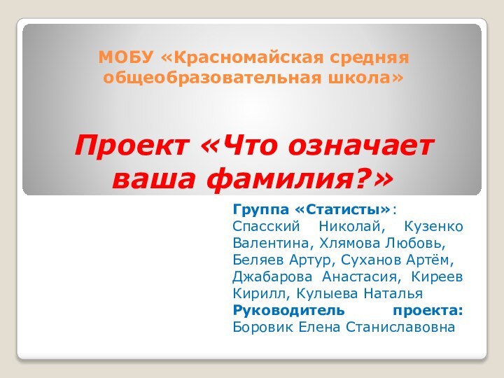 МОБУ «Красномайская средняя общеобразовательная школа»   Проект «Что означает ваша фамилия?»Группа