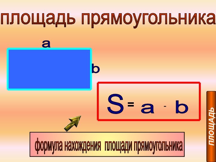 ПЛОЩАДЬплощадь прямоугольника a b S =a . b формула нахождения площади прямоугольника