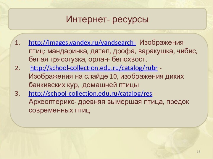 Интернет- ресурсыhttp://images.yandex.ru/yandsearch- Изображения птиц: мандаринка, дятел, дрофа, варакушка, чибис, белая трясогузка, орлан-