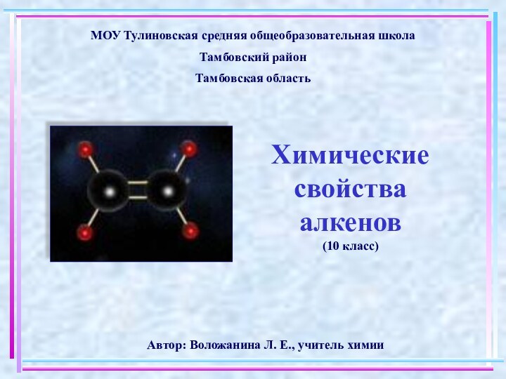 Химические свойства  алкенов (10 класс) Автор: Воложанина Л. Е., учитель химииМОУ