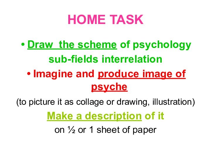 HOME TASKDraw the scheme of psychology sub-fields interrelationImagine and produce image of