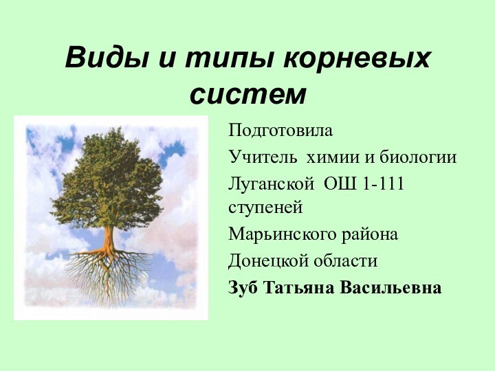 Виды и типы корневых системПодготовила Учитель химии и биологии Луганской ОШ 1-111