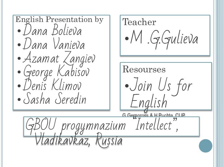 English Presentation byDana BolievaDana VanievaAzamat ZangievGeorge KabisovDenis KlimovSasha SeredinTeacherM .G.GulievaResoursesJoin Us for