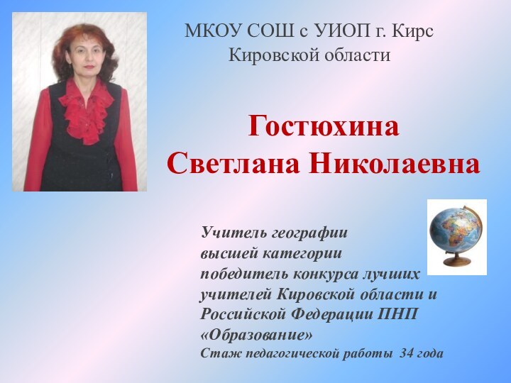 Учитель географиивысшей категориипобедитель конкурса лучших учителей Кировской области и Российской Федерации ПНП
