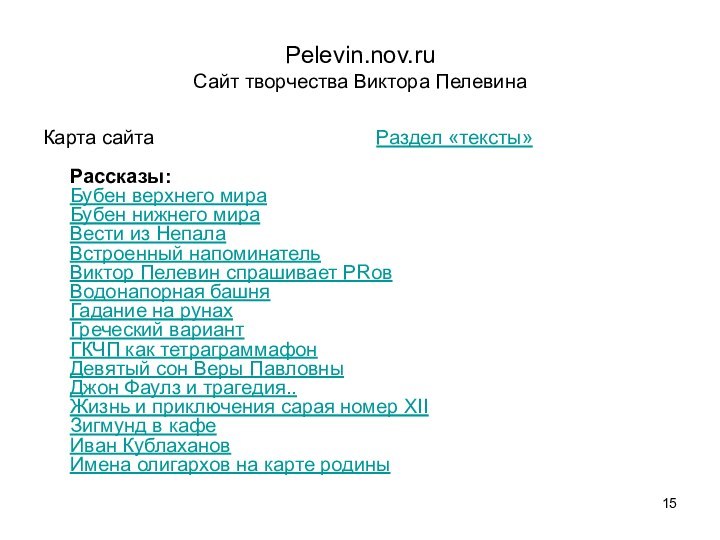 Pelevin.nov.ru  Сайт творчества Виктора ПелевинаКарта сайта