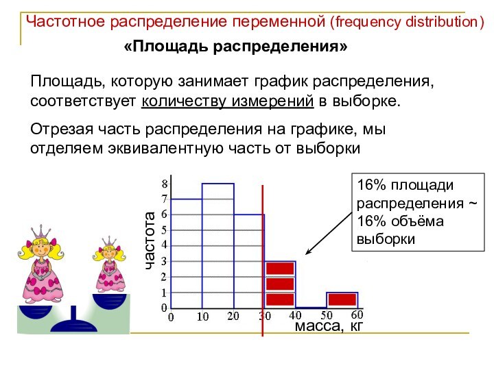 Частотное распределение переменной (frequency distribution)«Площадь распределения»Площадь, которую занимает график распределения, соответствует количеству