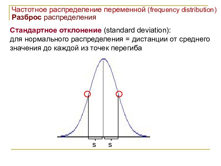 Стандартное отклонение (standard deviation):для нормального распределения = дистанции от среднего значения