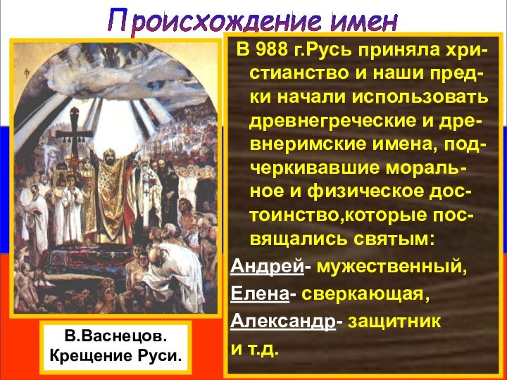 Происхождение имен В.Васнецов.Крещение Руси. В 988 г.Русь приняла хри- стианство и наши
