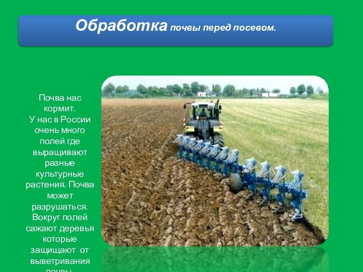 Почва нас кормит.У нас в России очень много полей где выращивают разные