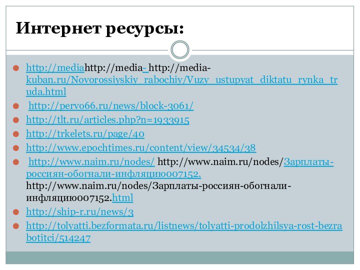 Интернет ресурсы:http://mediahttp://media- http://media- kuban.ru/Novorossiyskiy_rabochiy/Vuzy_ustupyat_diktatu_rynka_truda.html http://pervo66.ru/news/block-3061/ http://tlt.ru/articles.php?n=1933915 http://trkelets.ru/page/40http://www.epochtimes.ru/content/view/34534/38 http://www.naim.ru/nodes/ http://www.naim.ru/nodes/Зарплаты-россиян-обогнали-инфляцию007152. http://www.naim.ru/nodes/Зарплаты-россиян-обогнали-инфляцию007152.html http://ship-r.ru/news/3 http://tolyatti.bezformata.ru/listnews/tolyatti-prodolzhilsya-rost-bezrabotitci/514247