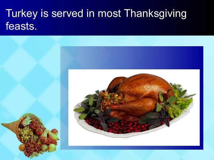 Turkey is served in most Thanksgiving feasts.