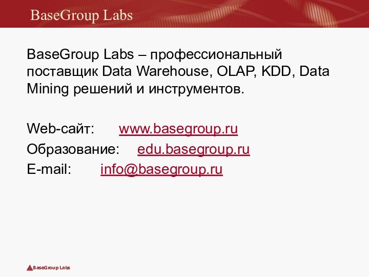BaseGroup LabsBaseGroup Labs – профессиональный поставщик Data Warehouse, OLAP, KDD, Data Mining