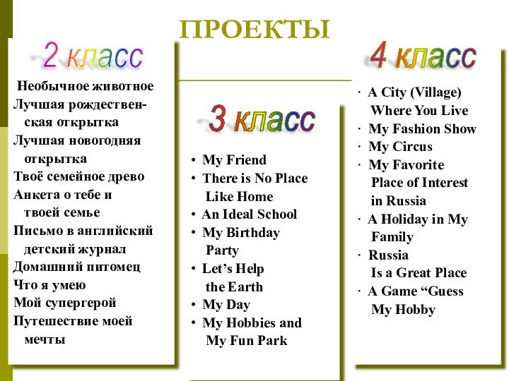 ПРОЕКТЫ·  A City (Village)  Where You Live·  My Fashion Show·  My Circus·  My Favorite