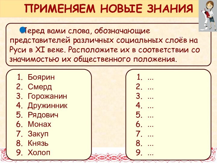 Перед вами слова, обозначающие представителей различных социальных слоёв на Руси в XI