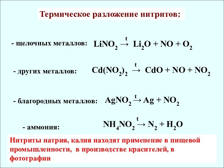 LiNO2 → Li2O + NO + O2Cd(NO2)2 → CdO + NO +