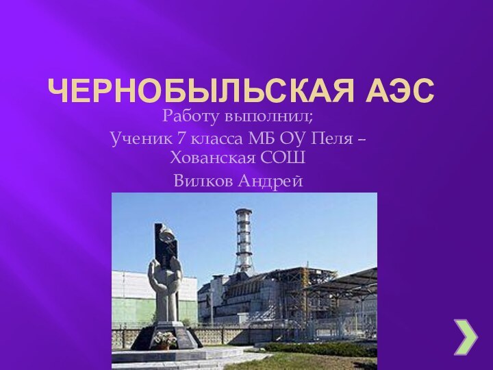 Чернобыльская АЭСРаботу выполнил;Ученик 7 класса МБ ОУ Пеля – Хованская СОШВилков Андрей