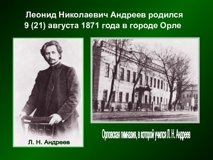 Леонид Николаевич Андреев родился   9 (21) августа 1871 года в городе Орле