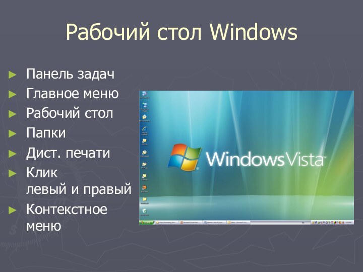 Рабочий стол WindowsПанель задачГлавное менюРабочий столПапкиДист. печатиКлик левый и правыйКонтекстное меню