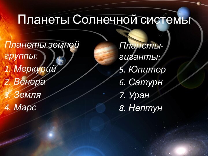 Планеты Солнечной системыПланеты земной группы:1. Меркурий2. Венера3. Земля4. МарсПланеты-гиганты:5. Юпитер6. Сатурн7. Уран8. Нептун