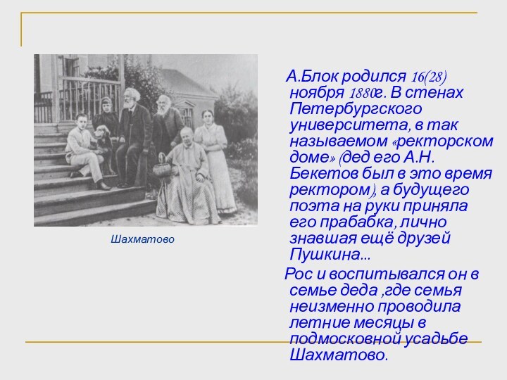 Шахматово  А.Блок родился 16(28) ноября 1880г. В стенах Петербургского университета, в