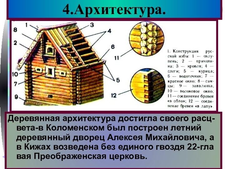 Деревянная архитектура достигла своего расц-вета-в Коломенском был построен летний деревянный дворец Алексея