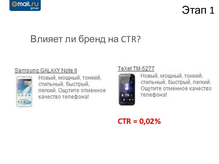 Влияет ли бренд на CTR?Этап 1CTR = 0,02%