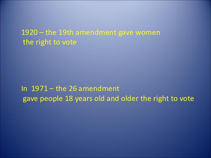 1920 – the 19th amendment gave women the right to voteIn 1971