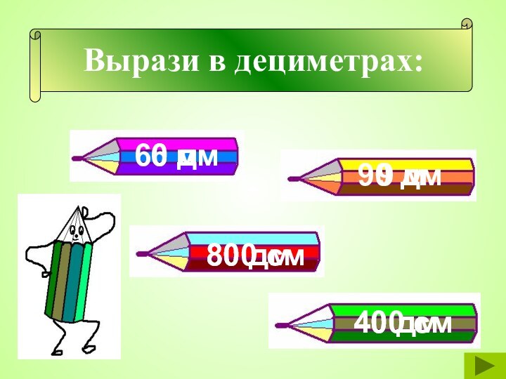 Вырази в дециметрах:6 м9 м800 см400 см60 дм80 дм40 дм90 дм