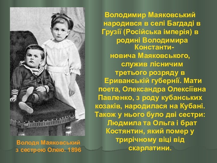 Володимир Маяковський  народився в селі Багдаді вГрузії (Російська імперія) в  родині Володимира