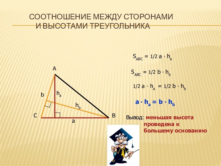 Соотношение между сторонами    и высотами треугольникаSABC = 1/2 a