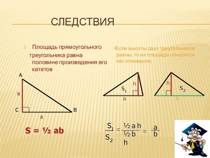 СледствияПлощадь прямоугольного  треугольника равна половине произведения его катетов S =