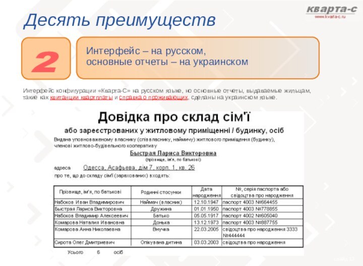 Десять преимуществИнтерфейс конфигурации «Кварта-С» на русском языке, но основные отчеты, выдаваемые жильцам,