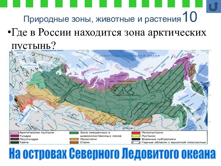 Природные зоны, животные и растения10На островах Северного Ледовитого океанаГде в России находится зона арктических пустынь?