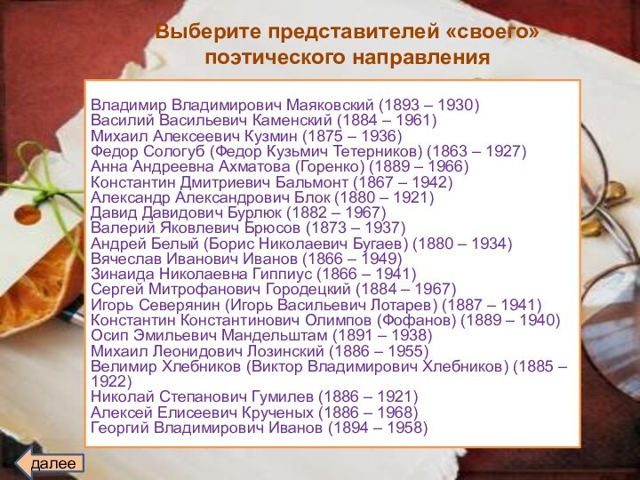 Выберите представителей «своего» поэтического направленияВладимир Владимирович Маяковский (1893 – 1930)Василий Васильевич