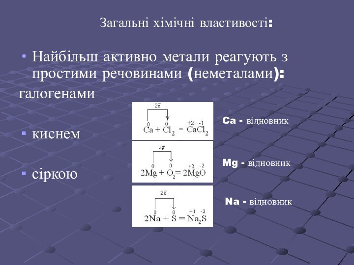 Загальні хімічні властивості:Найбільш активно метали реагують з простими речовинами (неметалами):галогенами		киснемсіркоюCa - відновникMg - відновникNa - відновник