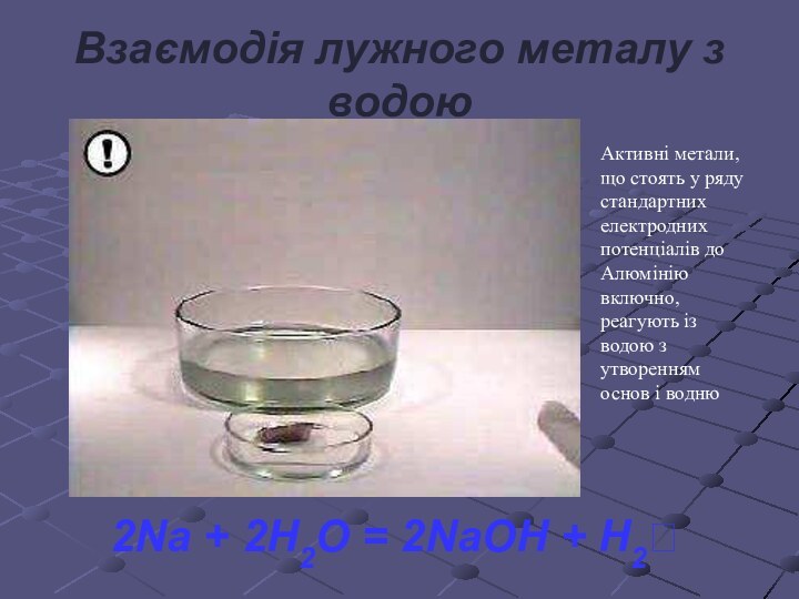 Взаємодія лужного металу з водою2Na + 2H2O = 2NaOH + H2⭡Активні