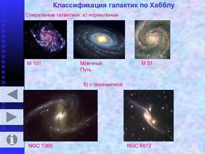 Классификация галактик по ХабблуСпиральные галактики: а) нормальныеМ 101Млечный ПутьМ 51б) с перемычкойNGC 1365NGC 6872