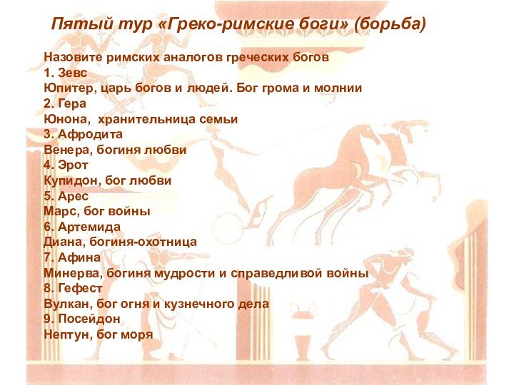 Пятый тур «Греко-римские боги» (борьба)Назовите римских аналогов греческих богов1. Зевс Юпитер, царь