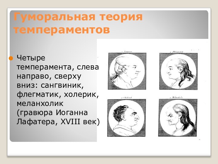 Гуморальная теория темпераментовЧетыре темперамента, слева направо, сверху вниз: сангвиник, флегматик, холерик, меланхолик (гравюра Иоганна Лафатера, XVIII век)