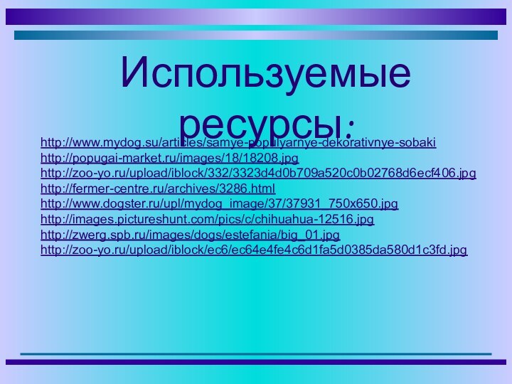 Используемые ресурсы:http://www.mydog.su/articles/samye-populyarnye-dekorativnye-sobakihttp://popugai-market.ru/images/18/18208.jpghttp://zoo-yo.ru/upload/iblock/332/3323d4d0b709a520c0b02768d6ecf406.jpghttp://fermer-centre.ru/archives/3286.htmlhttp://www.dogster.ru/upl/mydog_image/37/37931_750x650.jpghttp://images.pictureshunt.com/pics/c/chihuahua-12516.jpghttp://zwerg.spb.ru/images/dogs/estefania/big_01.jpghttp://zoo-yo.ru/upload/iblock/ec6/ec64e4fe4c6d1fa5d0385da580d1c3fd.jpg