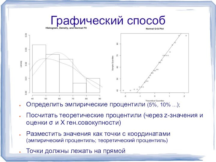 Графический способОпределить эмпирические процентили (5%, 10% ...);Посчитать теоретические процентили (через z-значения и оценки σ