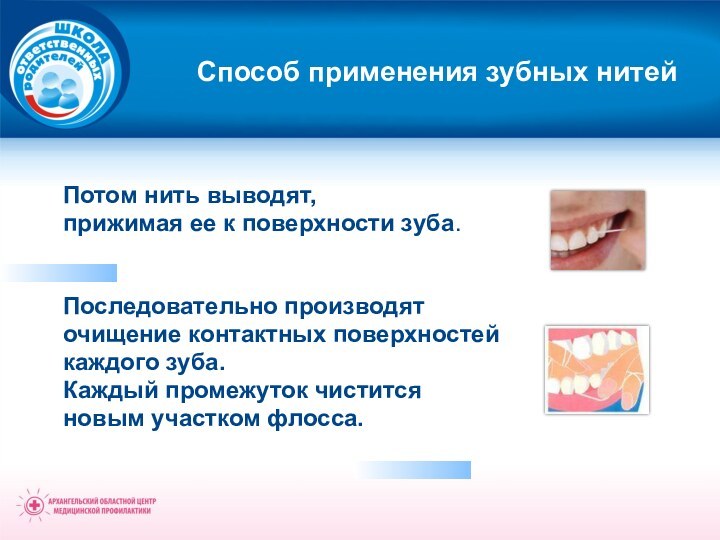 Способ применения зубных нитей   Потом нить выводят,  прижимая ее к поверхности