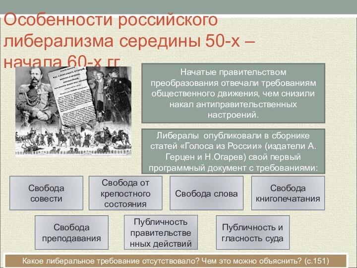 Особенности российского либерализма середины 50-х – начала 60-х гг.Начатые правительством преобразования отвечали требованиям общественного