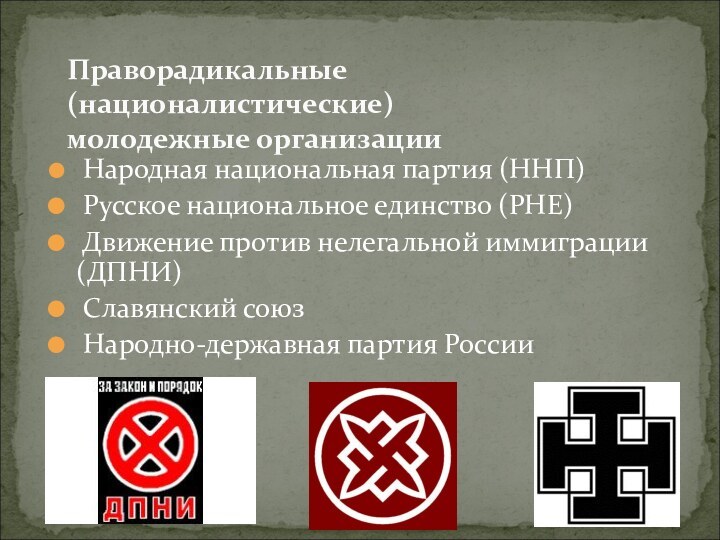 Праворадикальные (националистические)  молодежные организации Народная национальная партия (ННП) Русское национальное единство (РНЕ) Движение