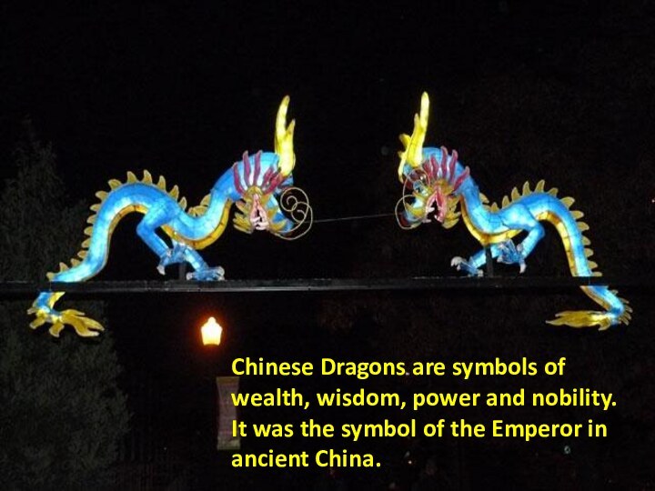 Chinese Dragons are symbols of wealth, wisdom, power and nobility.  It was the