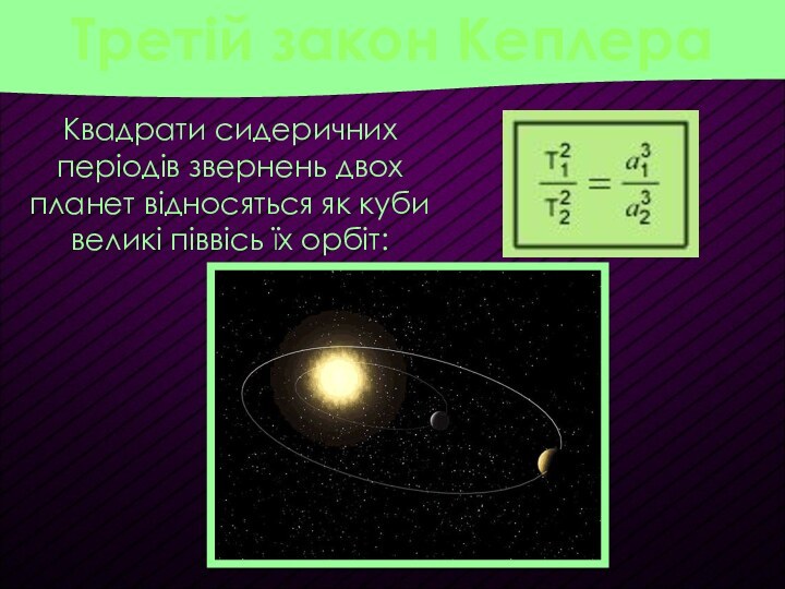 Квадрати сидеричних періодів звернень двох планет відносяться як куби великі піввісь їх орбіт:Третій закон Кеплера