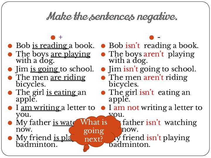Make the sentences negative.-Bob isn’t reading a