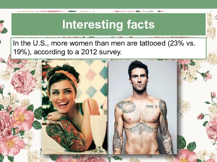 Interesting factsIn the U.S., more women than men are tattooed (23% vs. 19%), according