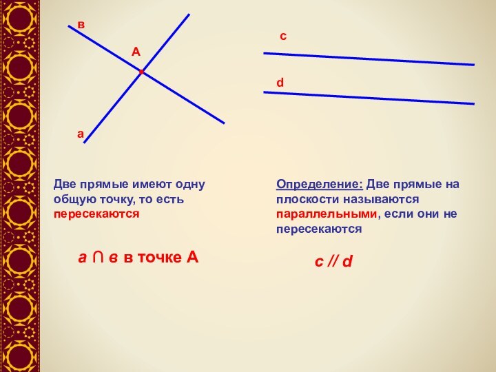 Две прямые имеют одну общую точку, то есть пересекаютсяа ∩ в в точке АОпределение: