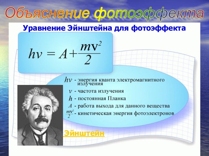 Уравнение Эйнштейна для фотоэффекта			   А. ЭйнштейнОбъяснение фотоэффекта